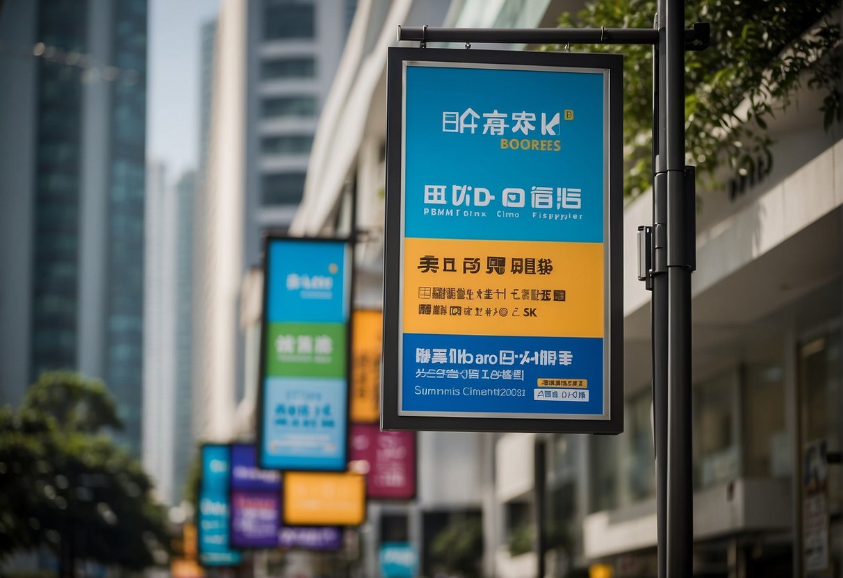 Colorful banners and signs promoting braces in Singapore. A dental clinic logo is prominently displayed