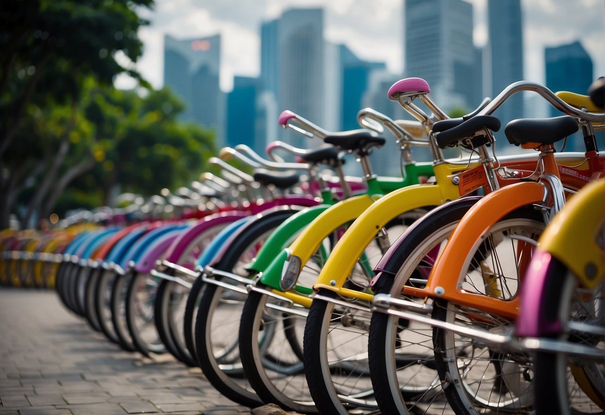 A group of colorful bicycles lined up in front of iconic Singapore landmarks for a promotion event