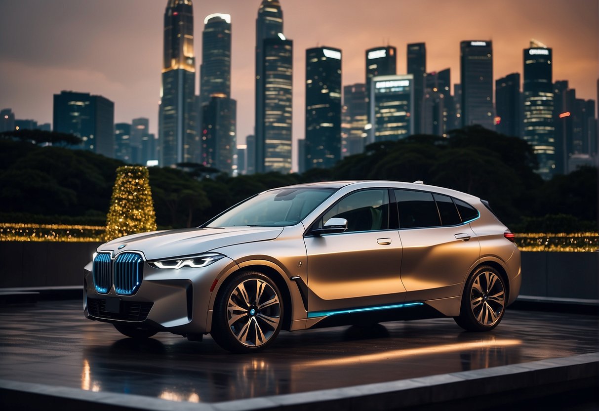 A sleek BMW IX sits center stage, surrounded by spotlights and luxury decor. The Singapore skyline glimmers in the background, adding to the exclusive atmosphere