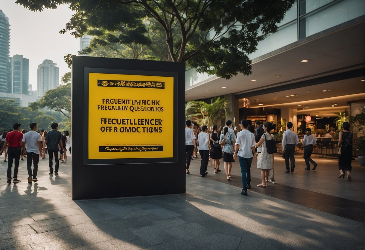 A vibrant display of "Frequently Asked Questions" signage with Challenger Promotions in Singapore, surrounded by curious onlookers