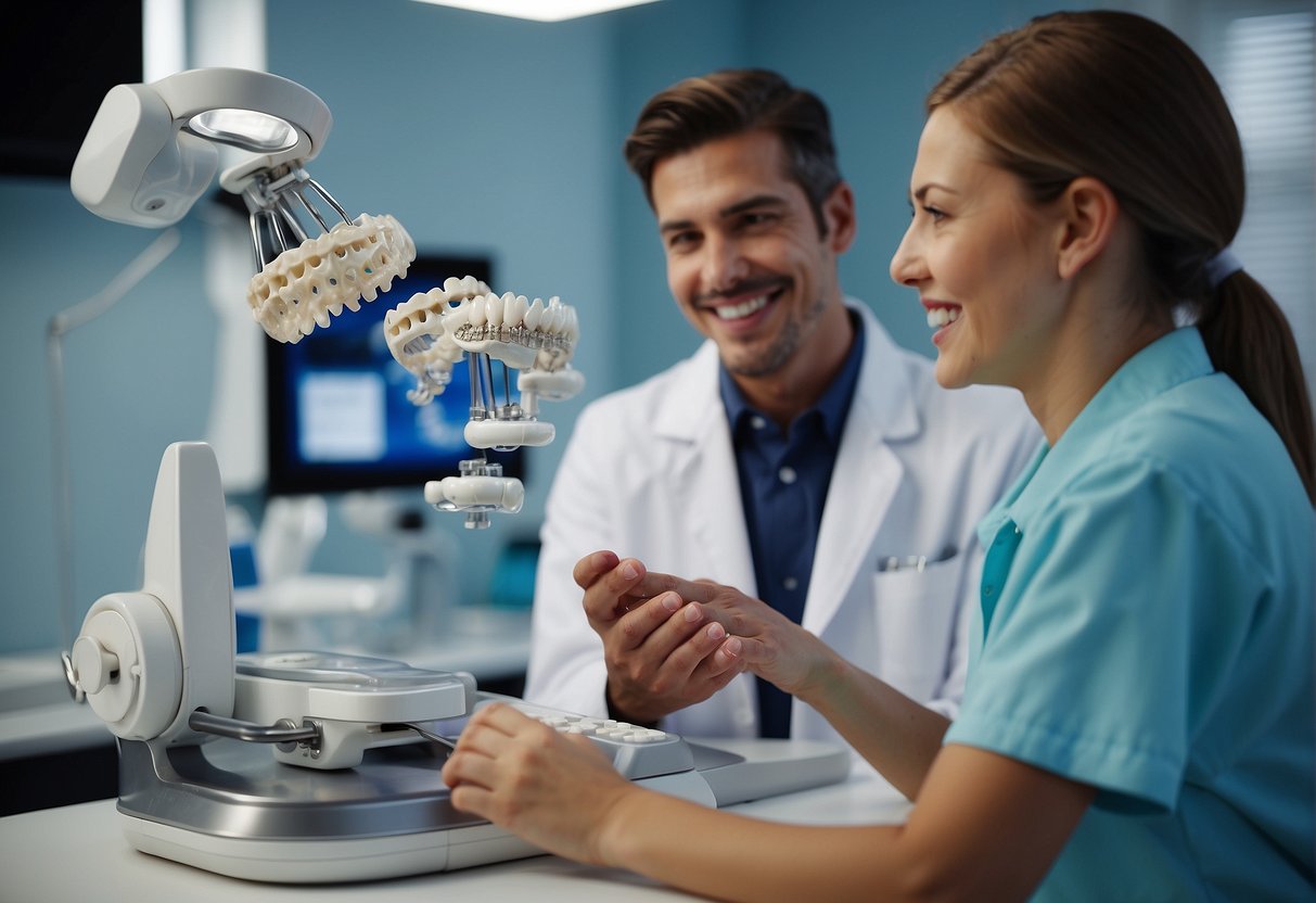 An orthodontic office with a friendly atmosphere, modern equipment, and a variety of braces options on display. A dentist explaining treatment to a patient