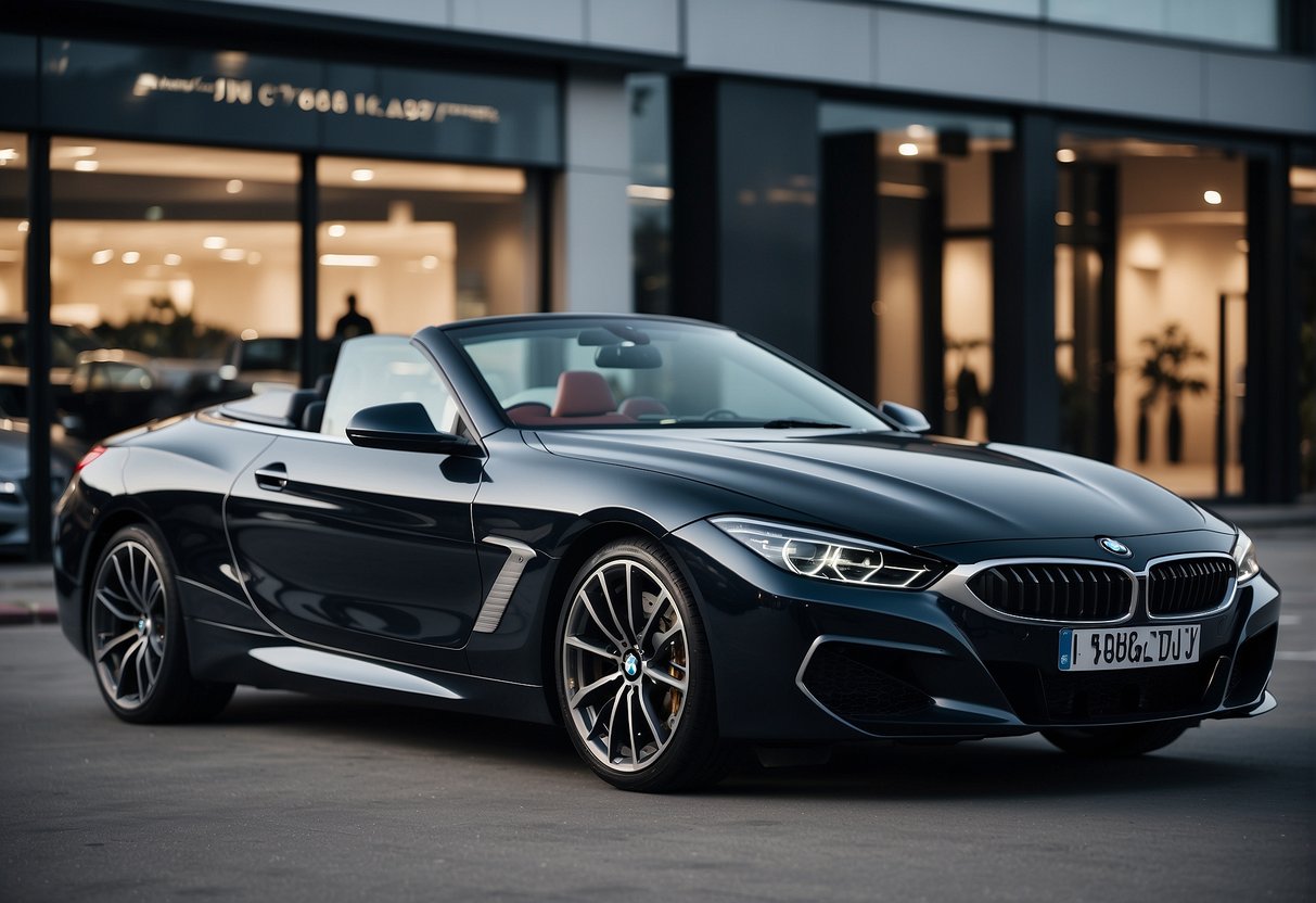A sleek BMW car parked in front of a bustling showroom, with promotional banners and signs prominently displayed