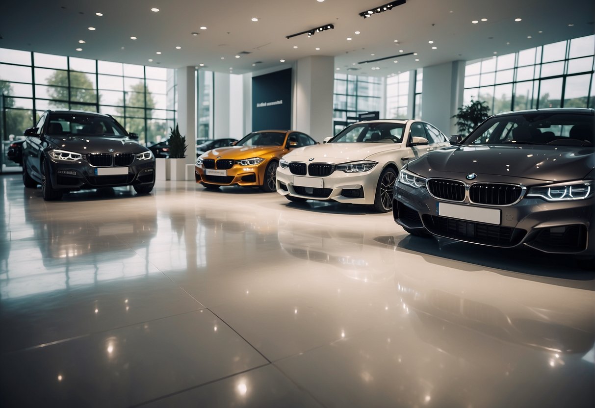 A BMW showroom with promotional banners, sleek cars, and a customer service desk