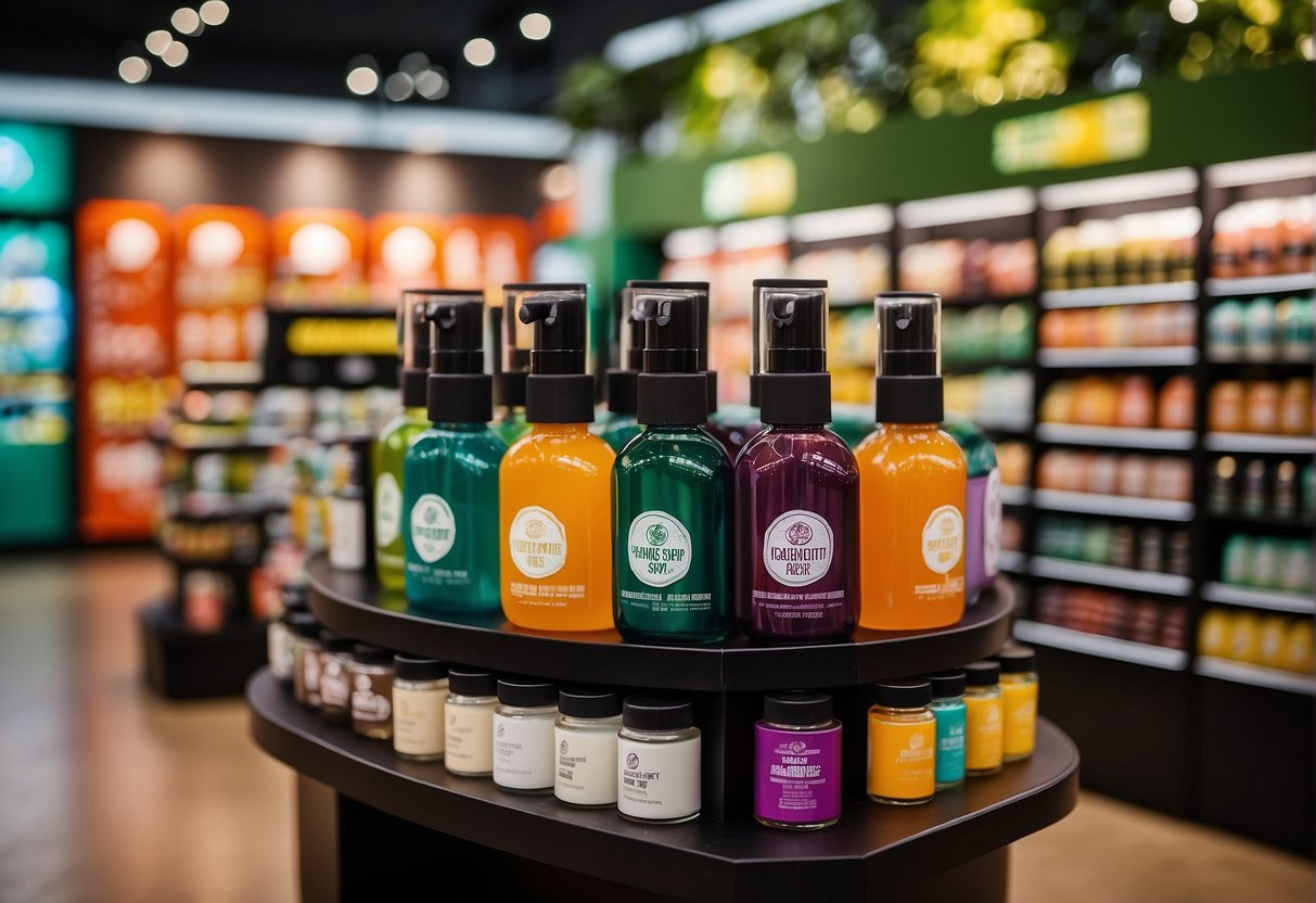 A colorful display of body shop promotions in Singapore, featuring vibrant product packaging and signage