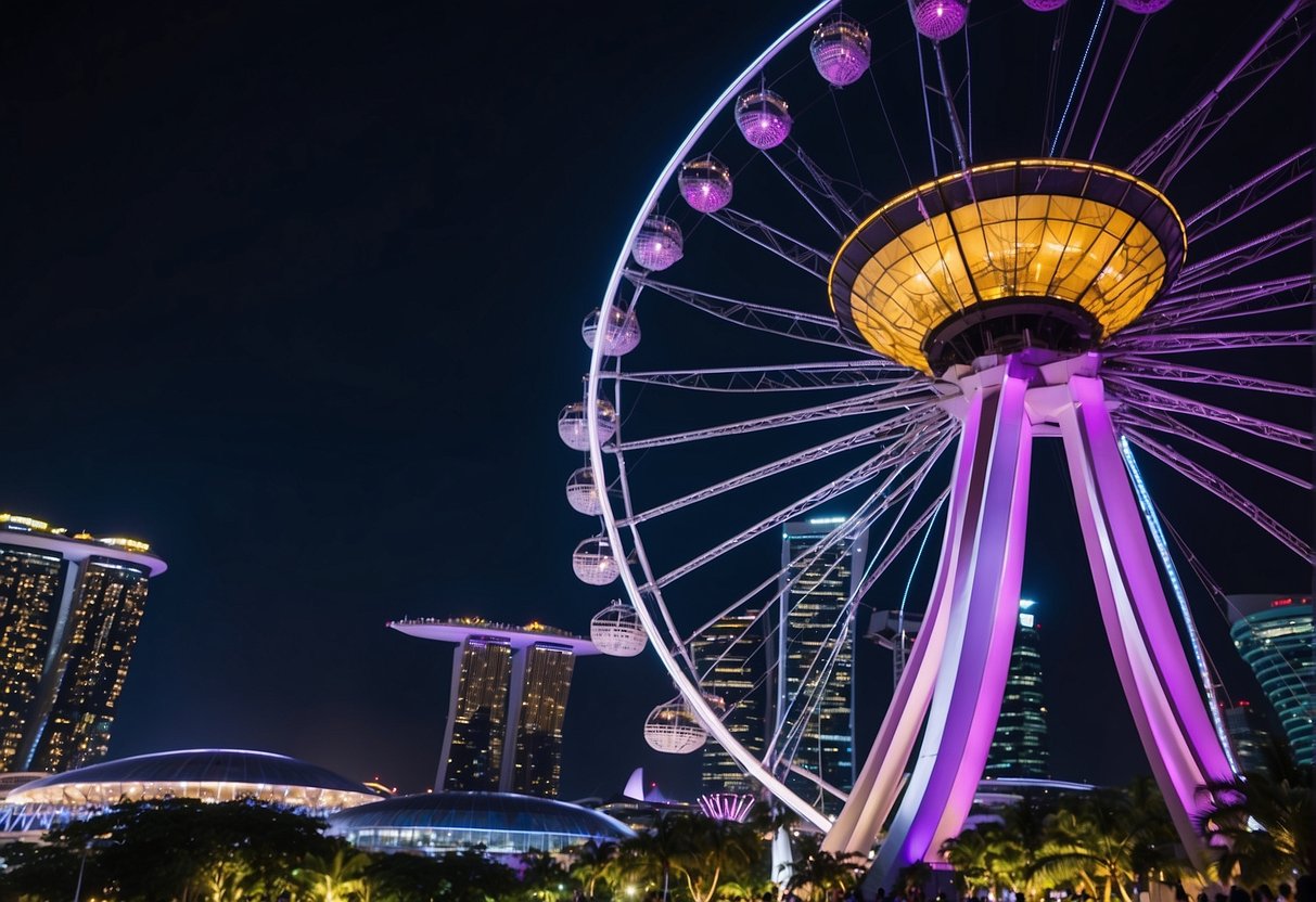 The Singapore Flyer promotions are displayed on colorful banners and signs, with vibrant lights and a bustling crowd in the background