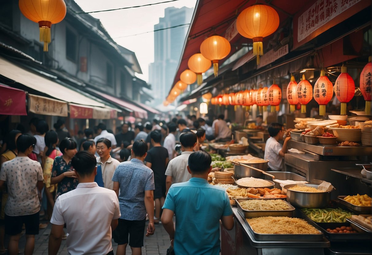 A bustling Singapore street filled with colorful banners and signs promoting Chinese food specials. A crowd gathers around a food stall, enticed by the delicious aromas wafting through the air