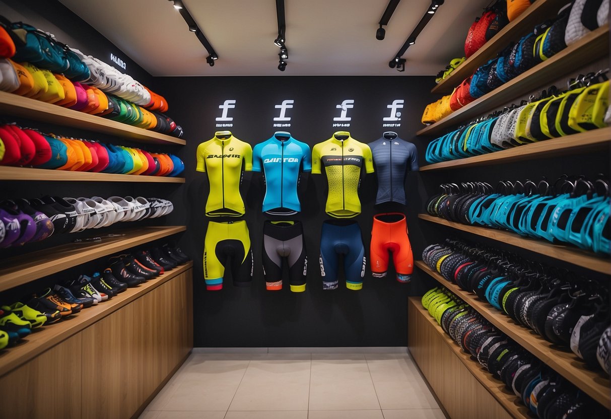 A colorful array of high-quality cycling gear displayed on shelves and racks, with promotional signs advertising discounted prices in a bright and inviting bicycle shop in Singapore