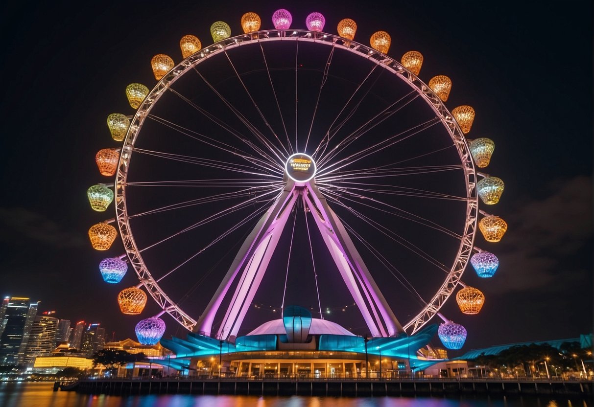 The Singapore Flyer stands tall, illuminated by colorful lights. A banner reads "Exclusive 2024 Promotions" as the flyer rotates gracefully in the night sky