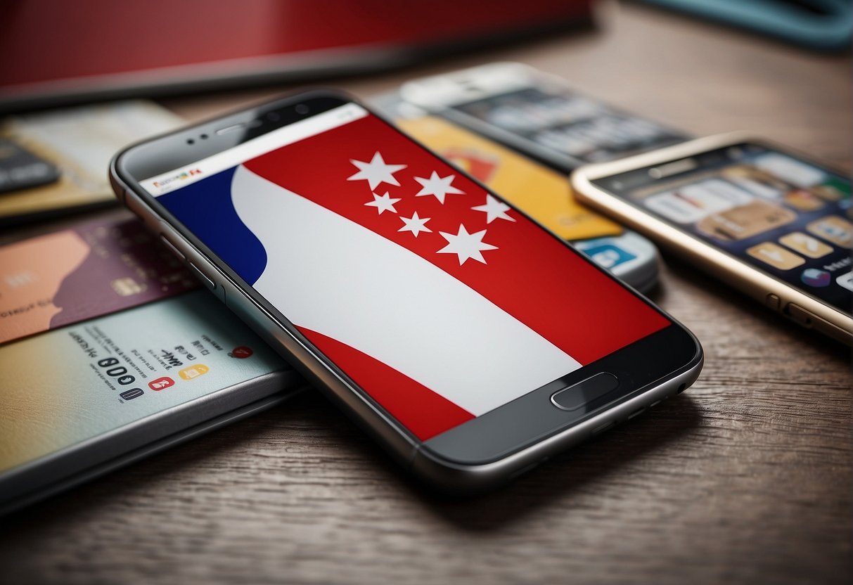 A smartphone with a sim card and the Singapore flag in the background, surrounded by promotional banners and text