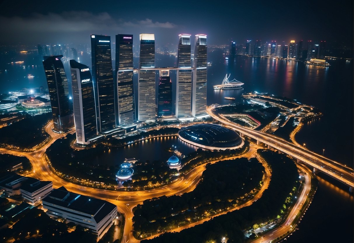 The city of Singapore is bustling with activity as various businesses and organizations promote their products and services through chain promotions. Skyscrapers and city lights create a vibrant backdrop for the scene