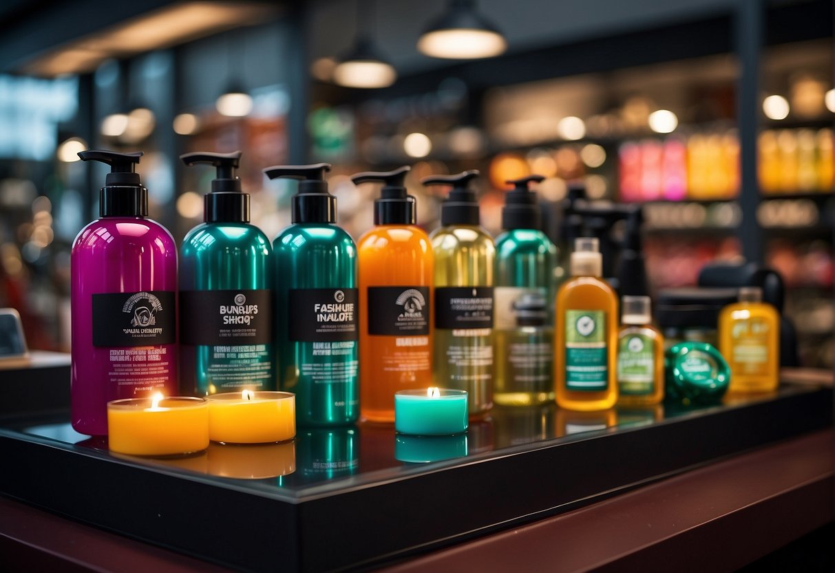 A colorful display of Body Shop products with exclusive discount signs. Bright lights and vibrant colors draw in customers