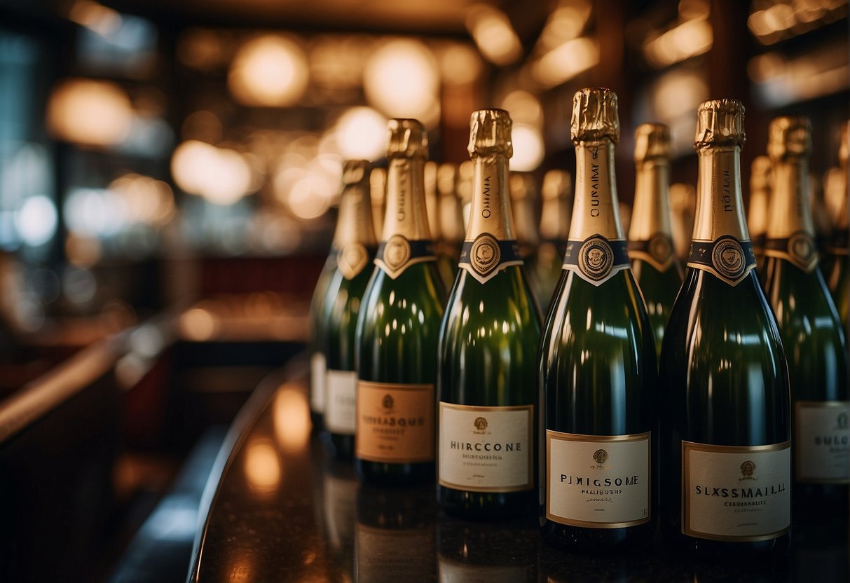 Bottles of champagne displayed with promotional signs in a bustling Singapore bar