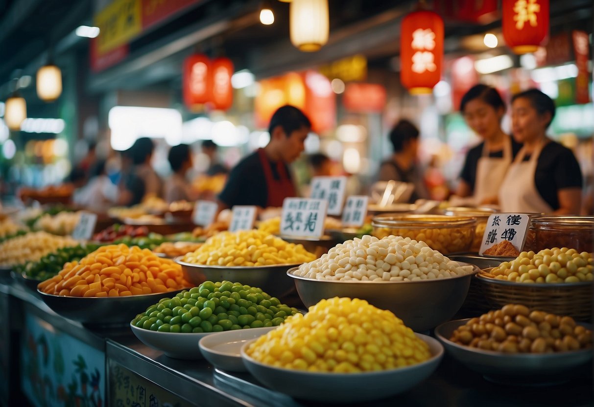 A bustling market stall displays colorful Cantonese delicacies with promotional signs. Customers sample and purchase various dishes