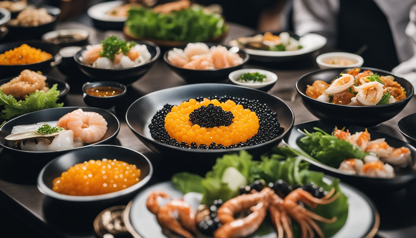 A table set with caviar, seafood, and Singaporean dishes