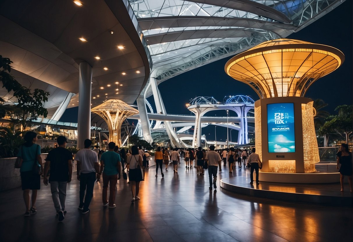 A bustling scene at the Singapore Flyer with promotional signs and visitors enjoying the essentials of the attraction
