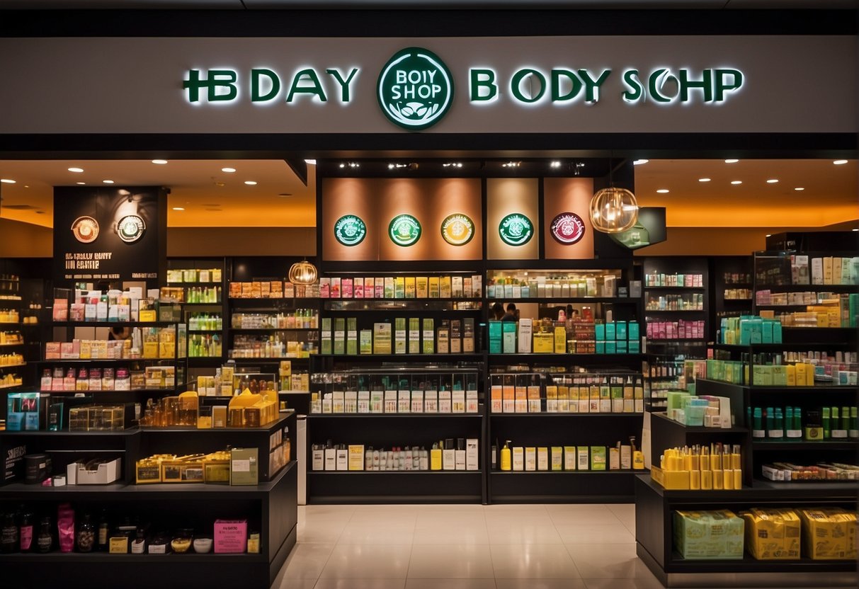 A vibrant display of beauty products at Body Shop promotions in Singapore, with colorful banners and enticing discounts