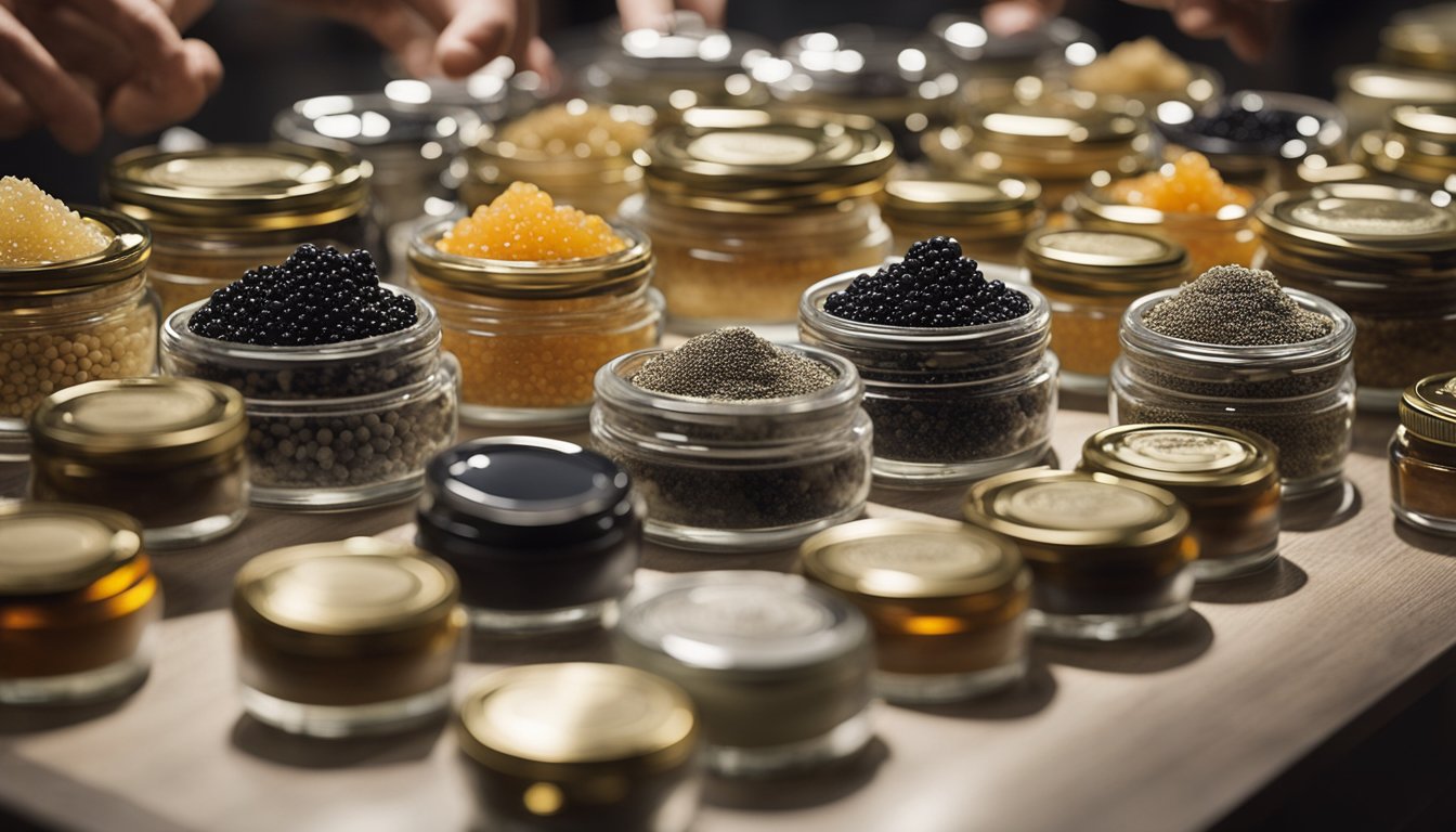A table displays a variety of caviar jars, with labels indicating different types and origins. A knowledgeable person gestures towards the selection, engaging with a curious customer