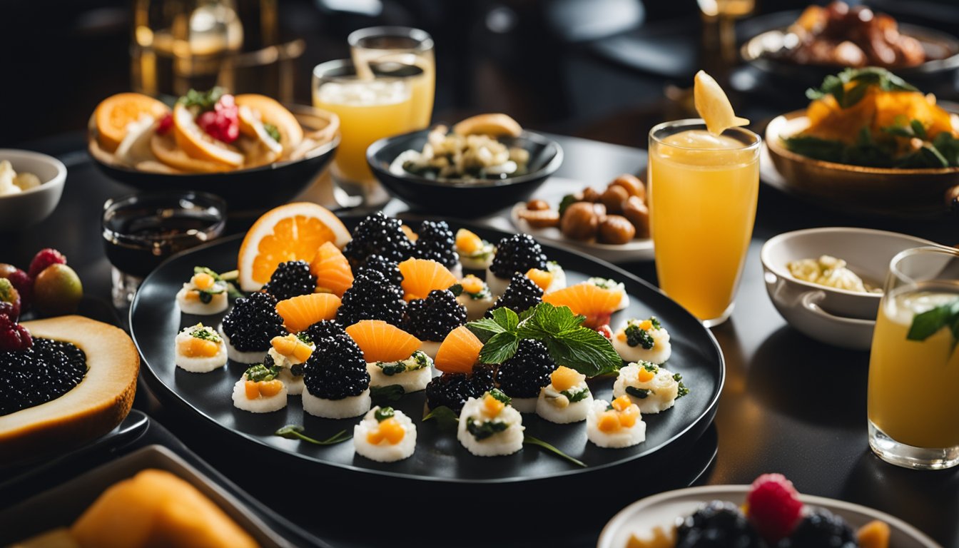 A luxurious spread of caviar, seafood, and exotic fruits on a sleek, modern table in a vibrant Singaporean restaurant