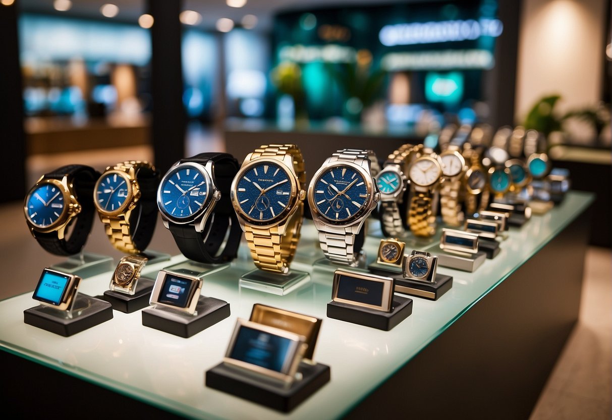A vibrant display of City Chain Singapore's latest promotions, featuring eye-catching watches and jewelry, set against a backdrop of sleek and modern store fixtures