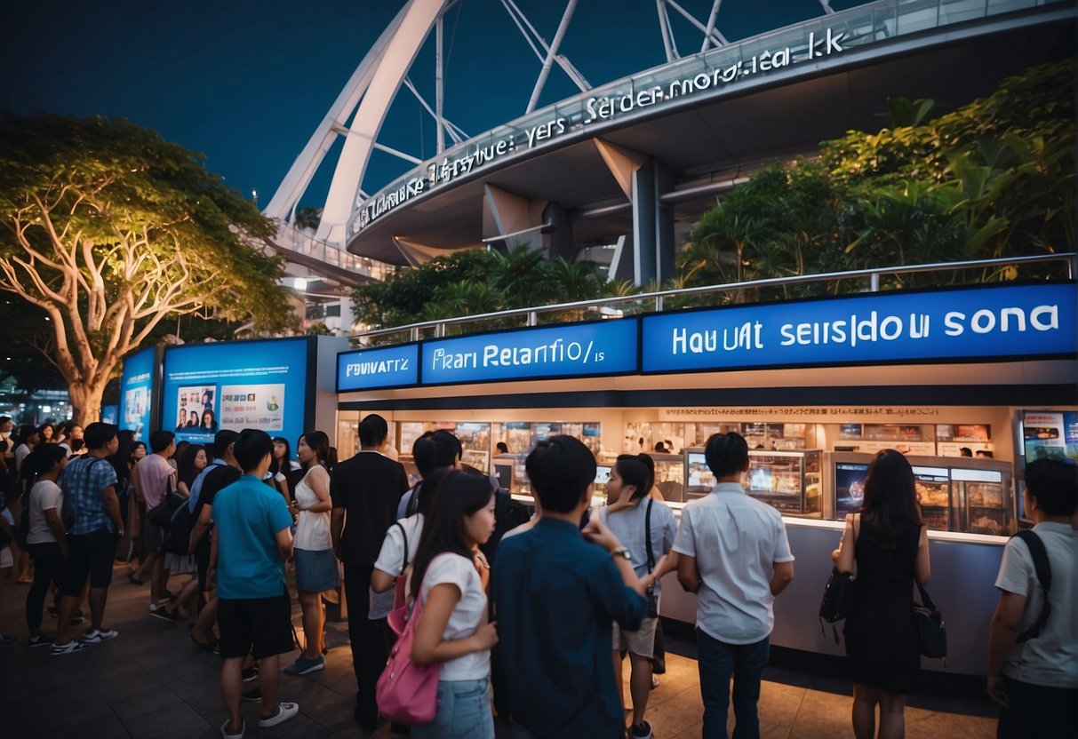 The Singapore Flyer promotions stand with a queue of people, a signboard, and a promotional booth with flyers and merchandise