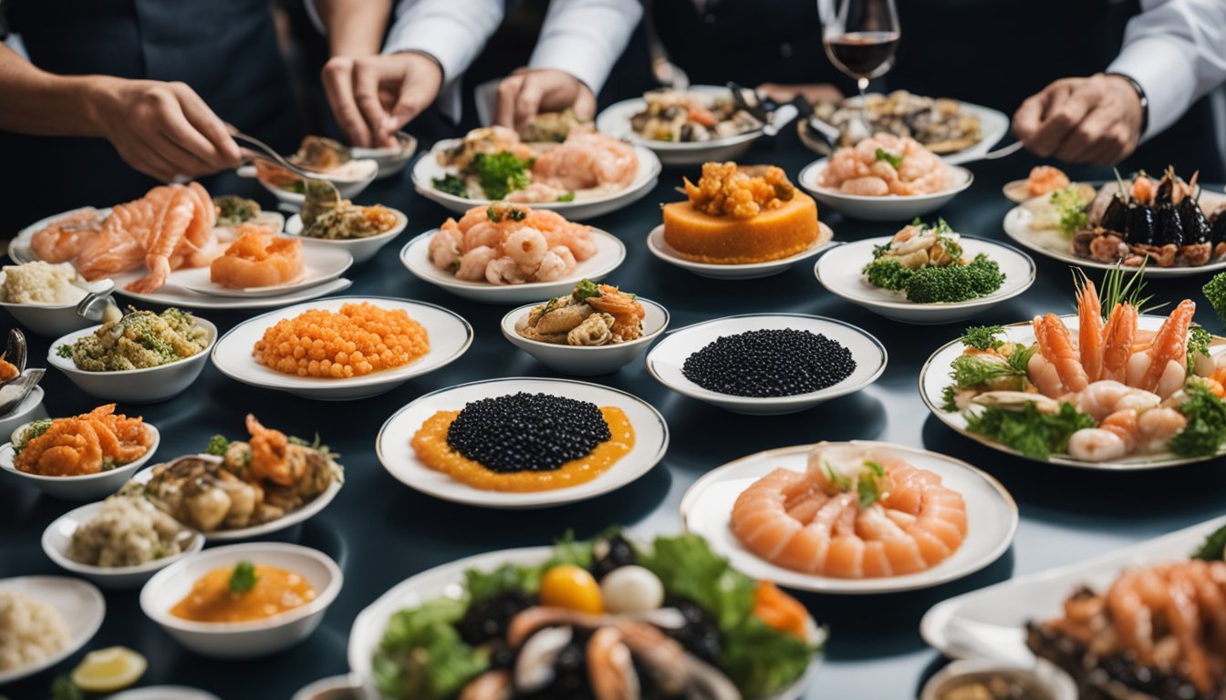 A table with various caviar and seafood dishes displayed, surrounded by curious customers asking questions