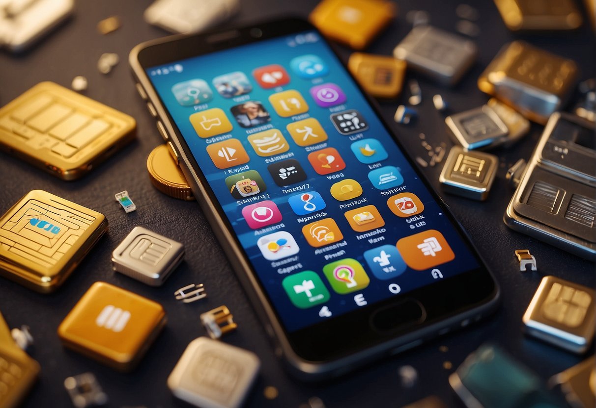 A smartphone with a sim card surrounded by icons representing various plan features and perks, such as data, talk time, and international roaming