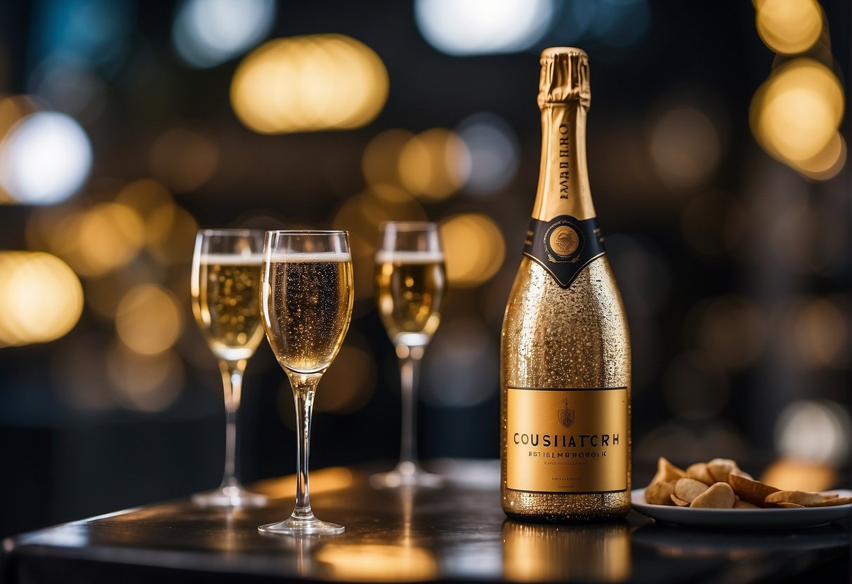 A sparkling champagne bottle surrounded by promotional banners and signs in a lively Singapore setting