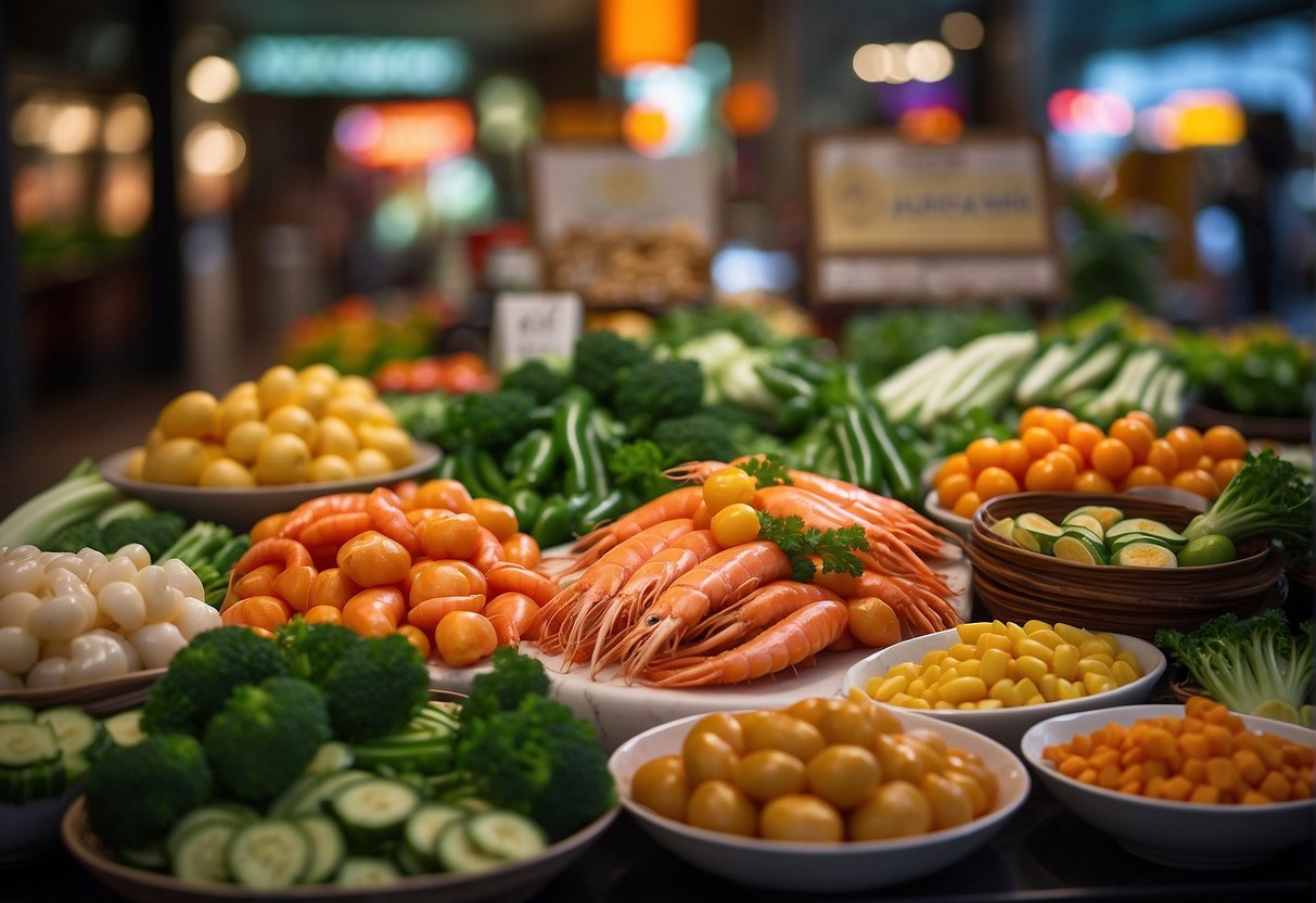 A colorful display of fresh vegetables and seafood arranged on a table, with vibrant signage promoting the Vegetarian and Seafood Extravaganza Chinese food promotions in Singapore