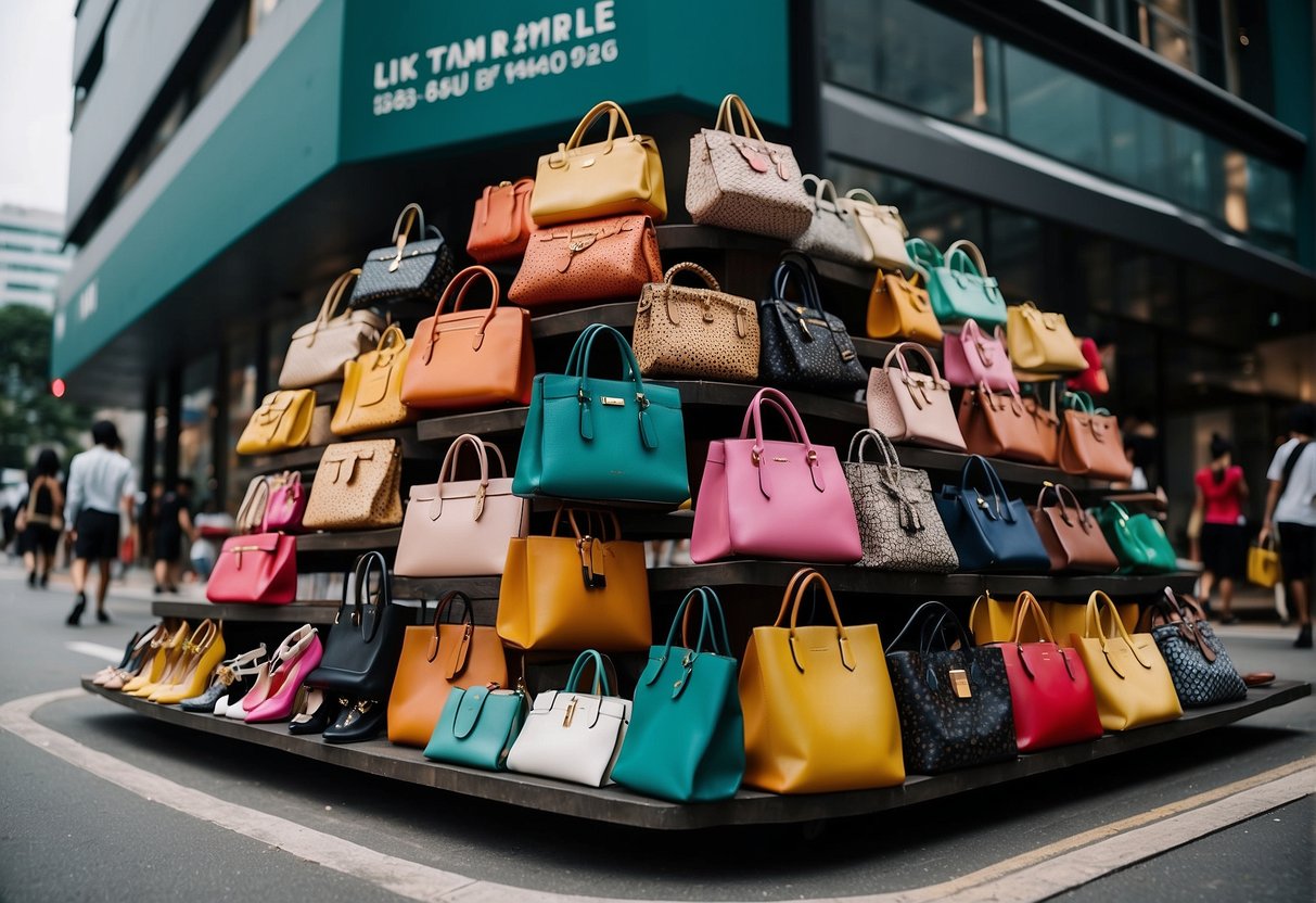 A bustling city street with colorful displays of accessories, clothes, and shoes, all part of a chain promotion in Singapore