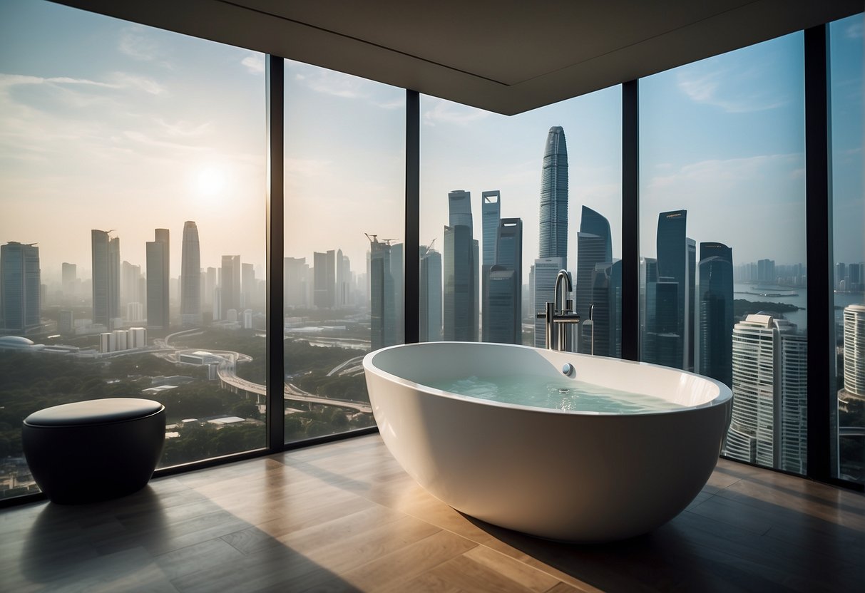 A sleek, modern bathroom with a luxurious bathtub, elegant fixtures, and a view of the Singapore skyline through the window