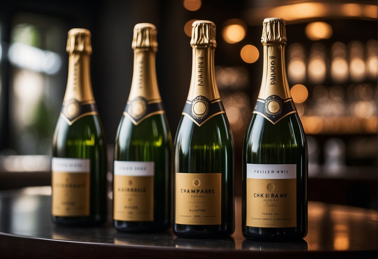 Bottles of champagne on display with promotional signage in a stylish Singaporean bar