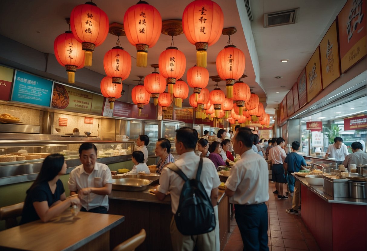 A bustling Chinese restaurant with colorful banners promoting food promotions in Singapore. Customers line up eagerly while staff busily serve dishes