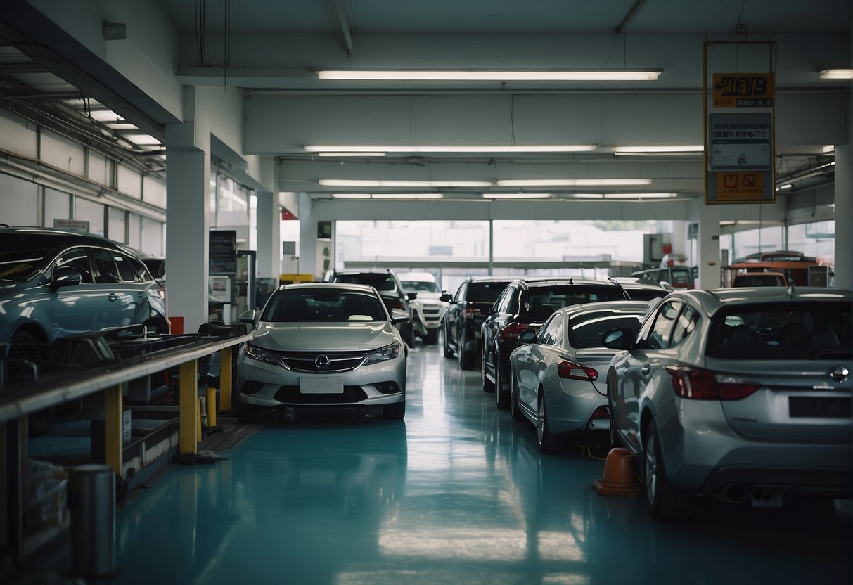 A busy auto body shop in Singapore with promotional signs, customers inquiring, and staff assisting