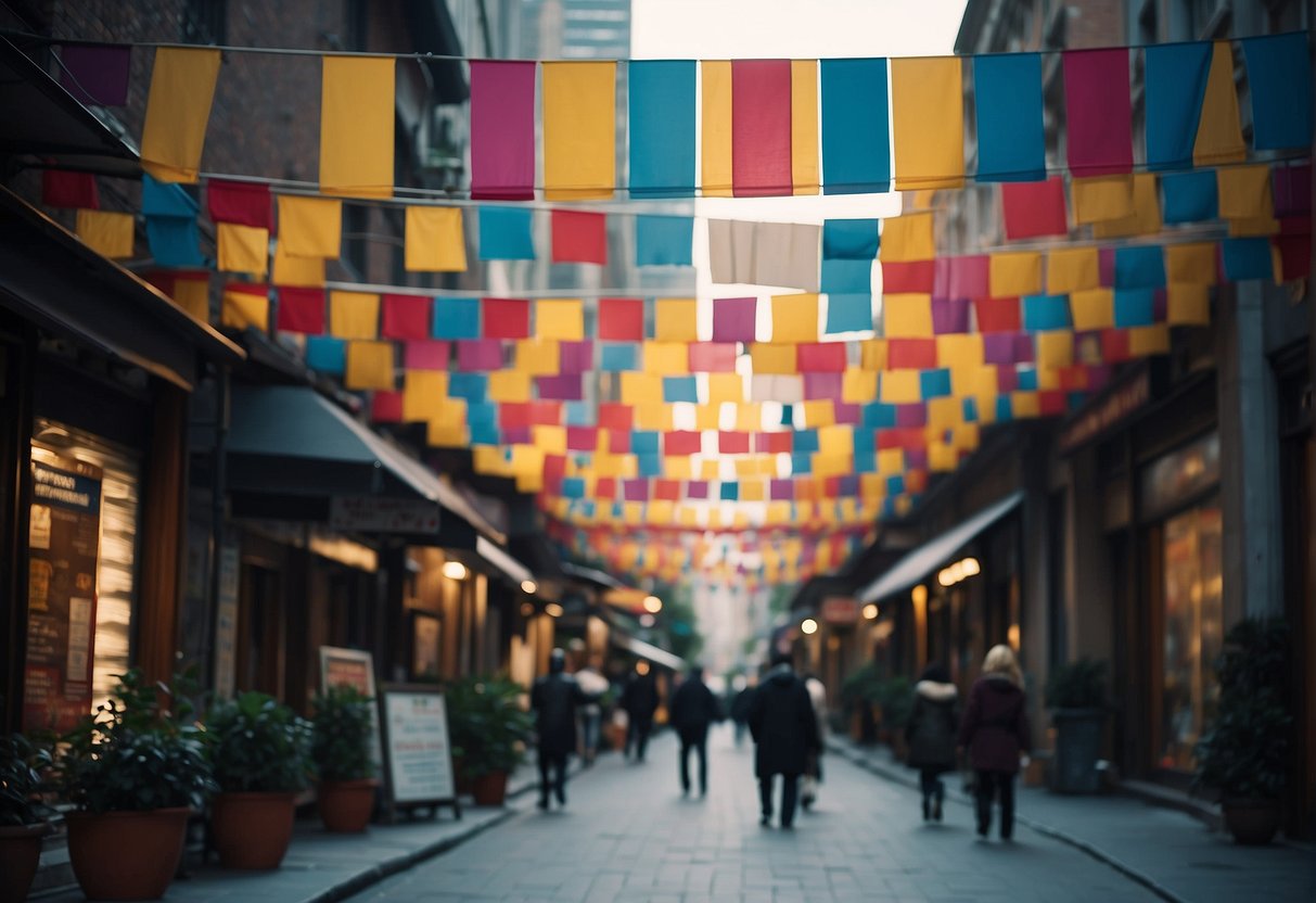 A bustling city street with towering buildings and colorful promotional banners hanging from every lamppost