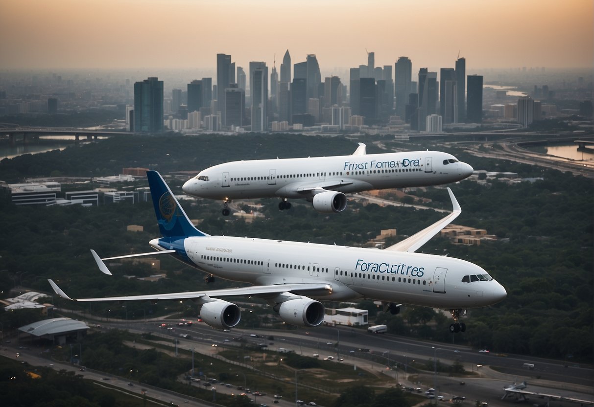 Two airplanes flying side by side over a city skyline, with the words "Exclusive 2024 Promotions for Flights to Bangkok and Singapore" displayed prominently on their fuselages