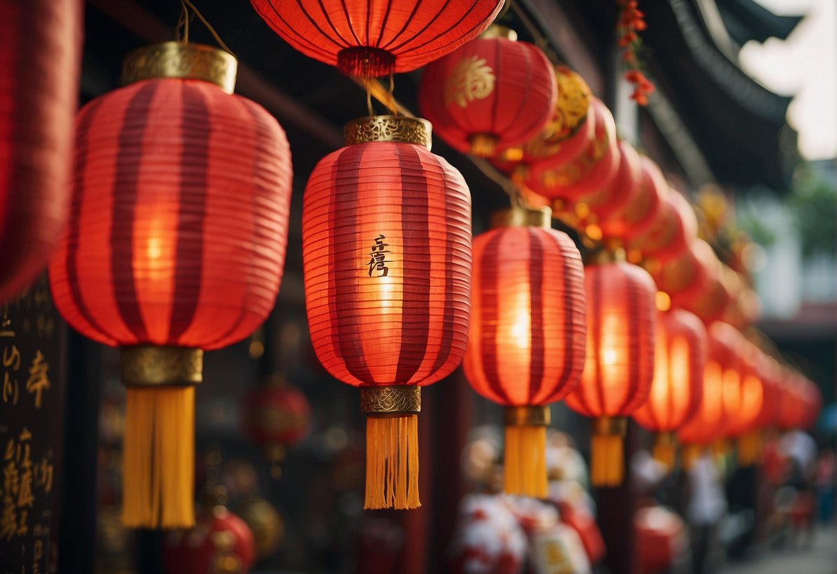 Vibrant red lanterns adorn the streets, with signs promoting Chinese New Year sales. Traditional decorations and festive banners create a lively atmosphere in Singapore