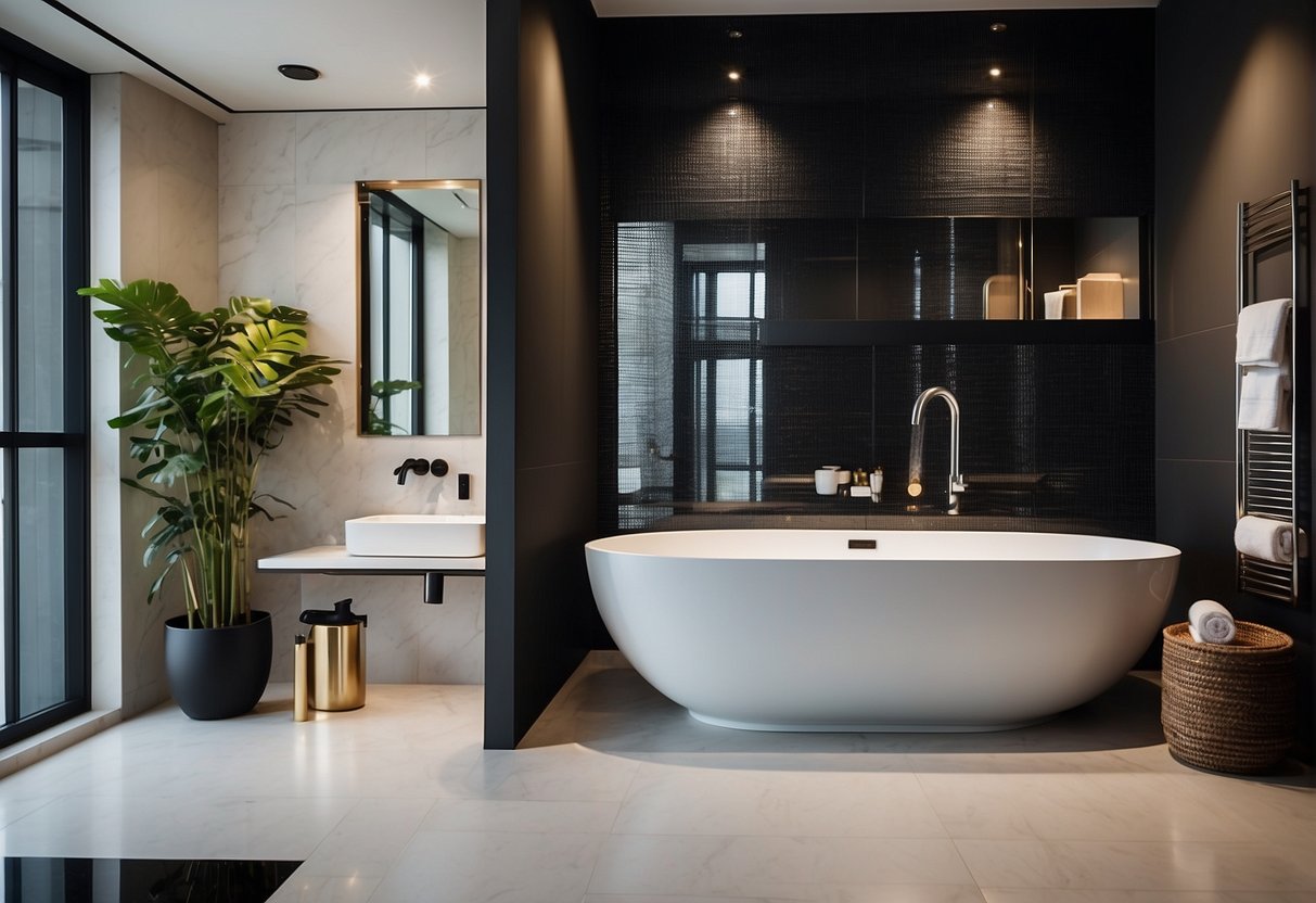 A sleek, modern bathroom with innovative fixtures and stylish design. Promotional banners and signs highlight special deals in a Singapore showroom