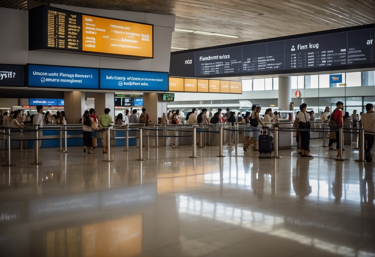 A bustling airport terminal with bright promotional banners for Bangkok to Singapore flights. People eagerly line up at the ticket counter, while others browse travel brochures and compare prices on their smartphones