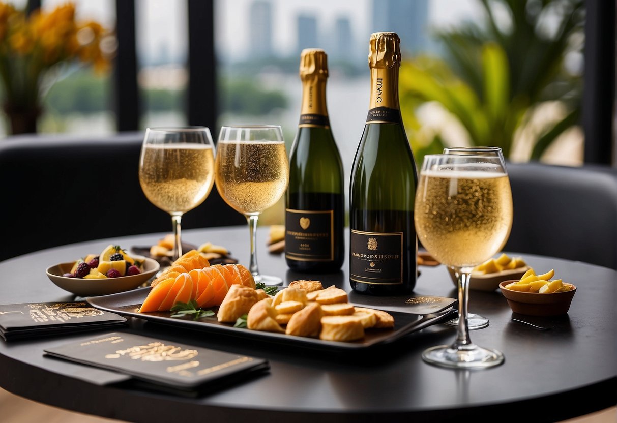 A table with champagne bottles, glasses, and promotional materials in a lively Singapore setting