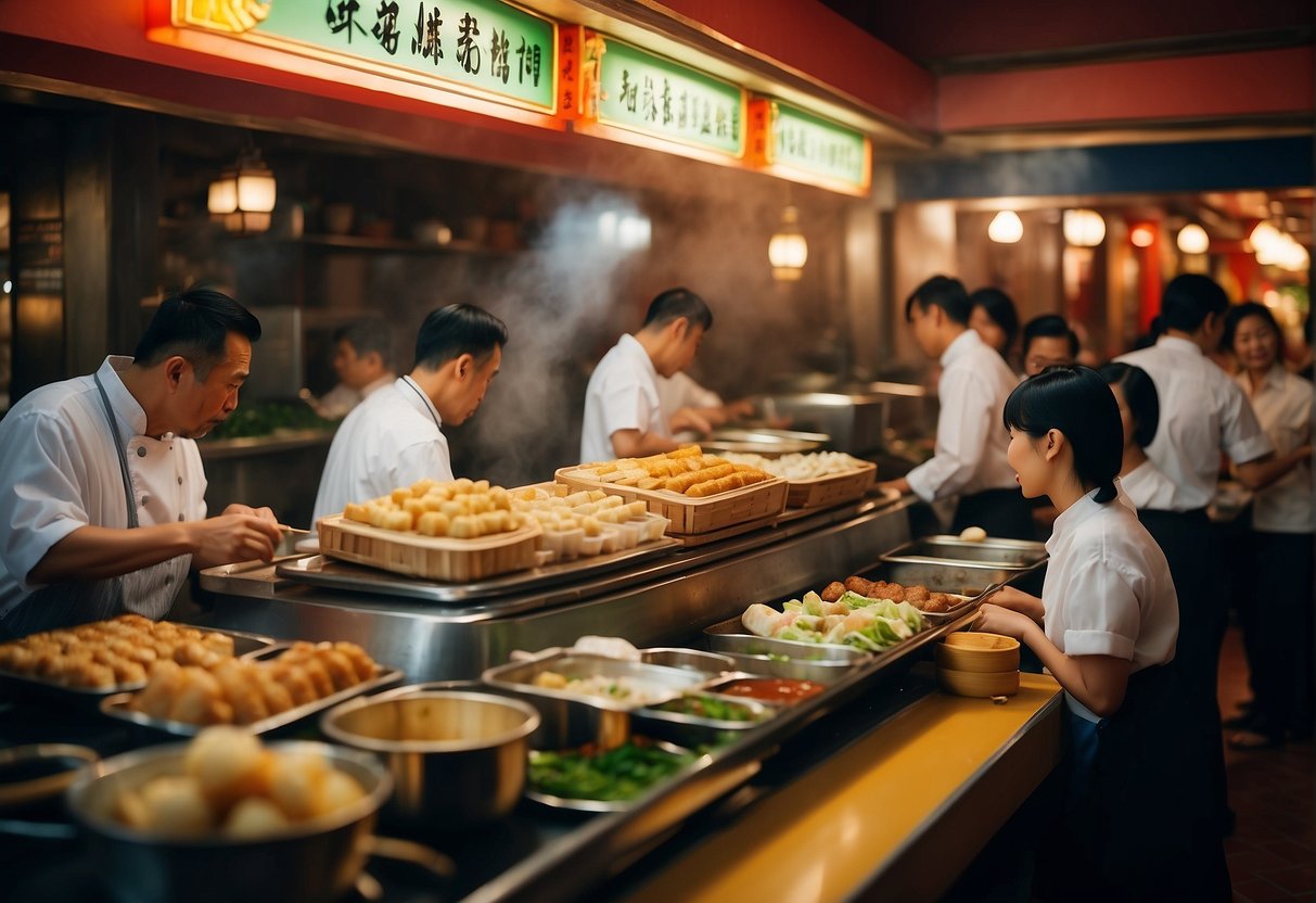 A bustling restaurant with colorful decor, steaming dim sum carts, and happy diners enjoying Cantonese cuisine at Canton Paradise Promotions in Singapore