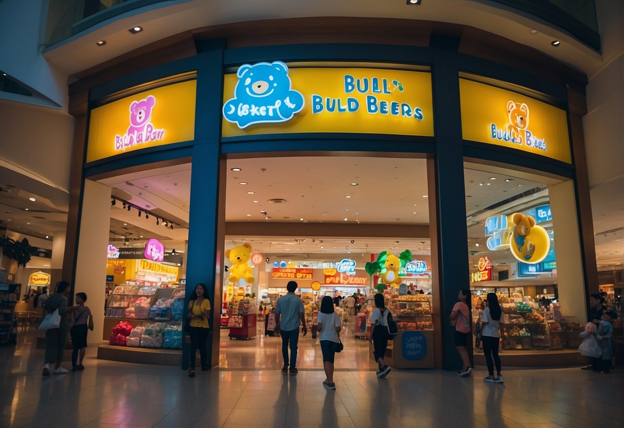 A colorful storefront with "Build-A-Bear" signage, featuring various plush toys and promotional displays, surrounded by excited families and children in a bustling Singapore mall