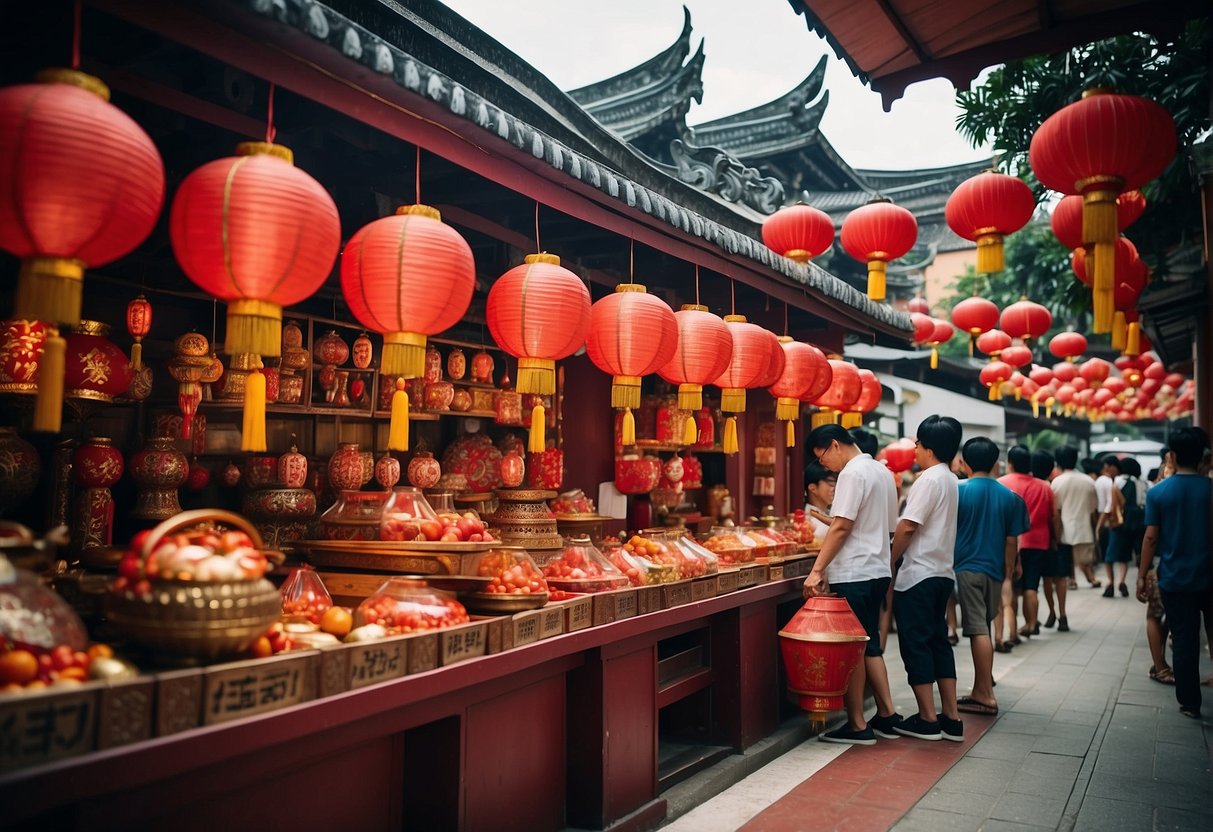 A bustling Singapore market adorned with red lanterns and traditional Chinese decorations, showcasing various CNY promotions and discounts