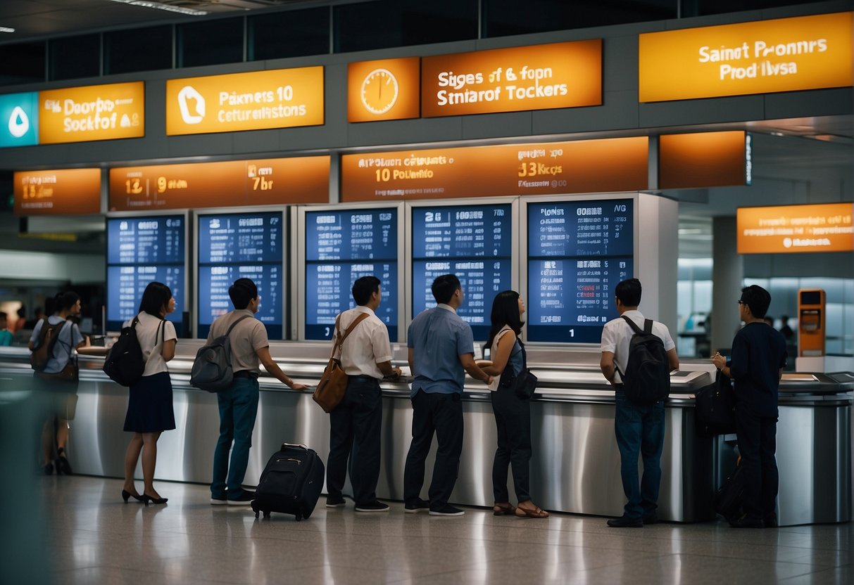 Passengers eagerly inquire about flight deals at a bustling airport ticket counter. Signs advertise promotions to Singapore