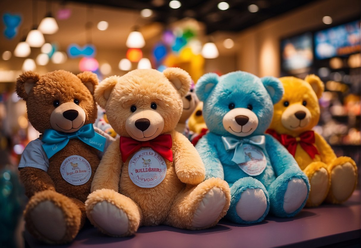 A bright spotlight shines on a display of Build-A-Bear Workshop promotions in Singapore. Stuffed animals and colorful signs fill the scene