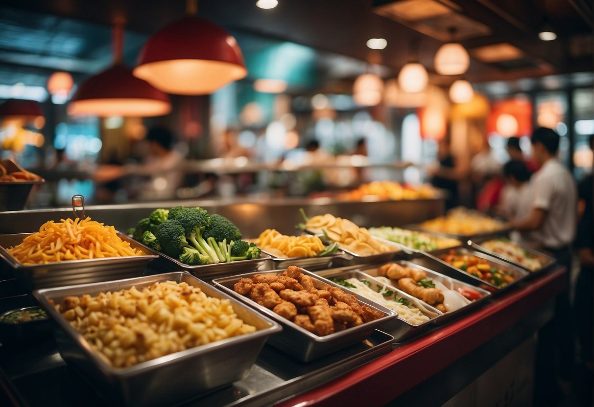 A bustling restaurant with colorful banners and enticing food displays, showcasing the latest promotions at Canton Paradise in Singapore