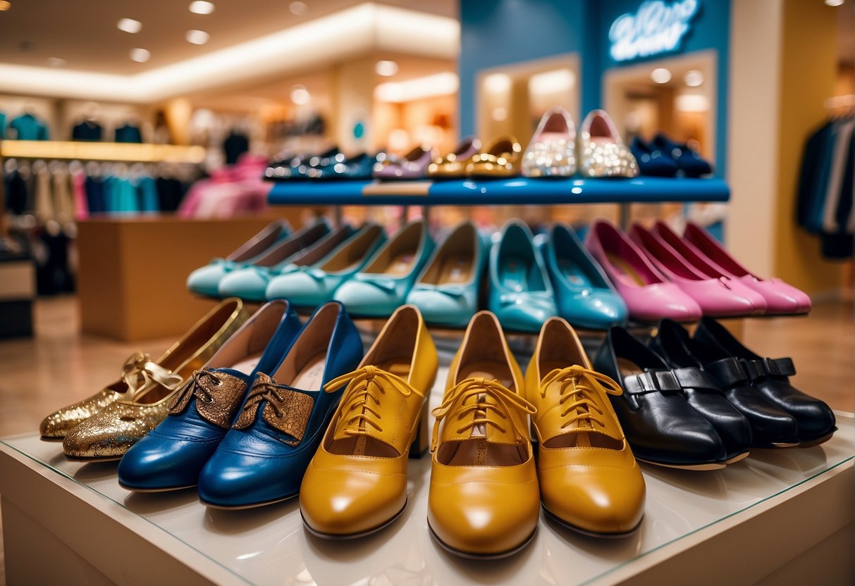 A colorful array of trendy shoes and stylish dresses on display with prominent discount signs. The Build-A-Bear promotions add a playful touch to the scene