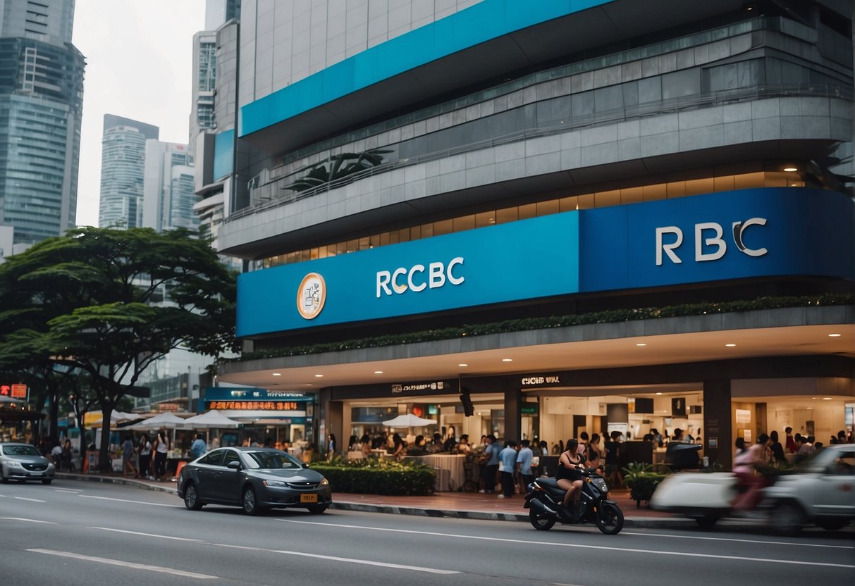 An outdoor scene in Singapore with a prominent RCBC promotions sign displayed on a bustling street corner
