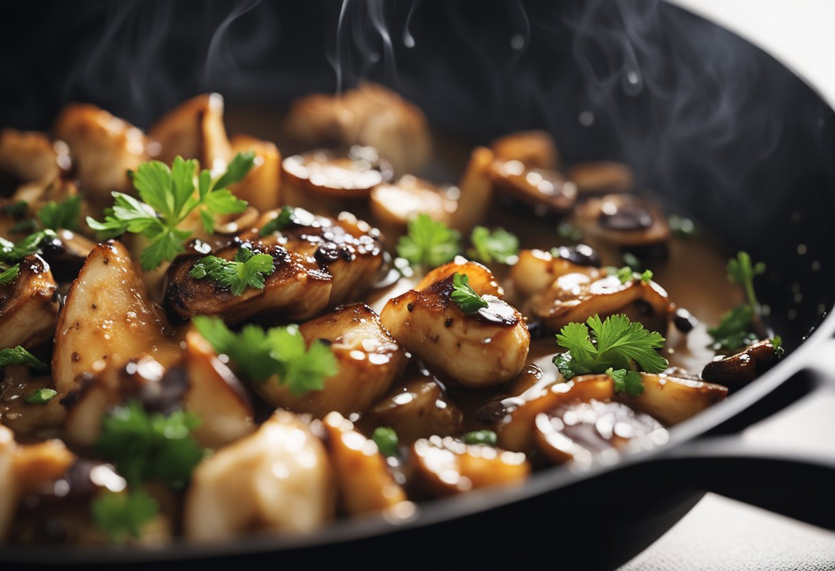 A skillet sizzles as chicken and mushrooms cook in oyster sauce, filling the air with savory aroma