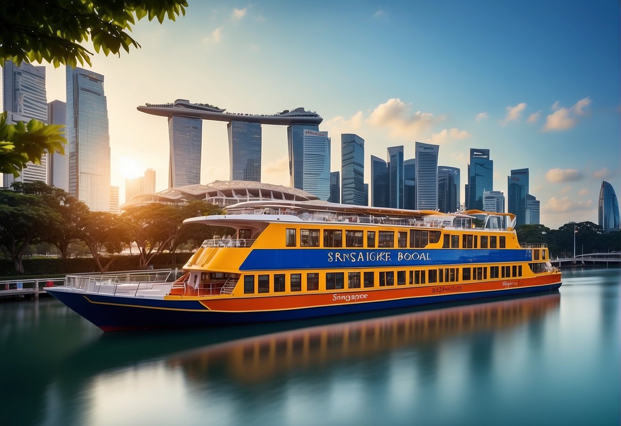 A colorful river cruise boat sails under the bright Singapore skyline, with promotional banners displayed on its sides