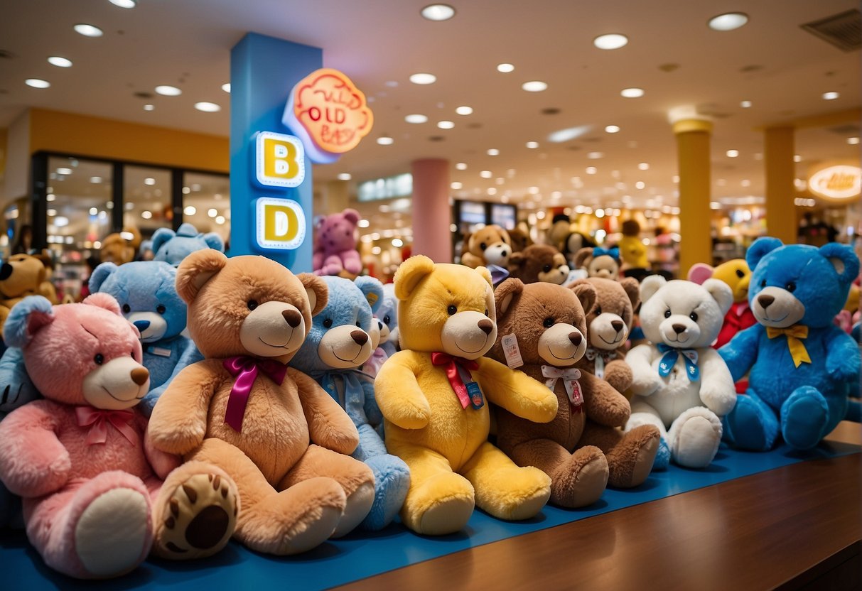 A colorful display of Build-A-Bear promotions in a busy Singapore store, with excited customers browsing and staff assisting